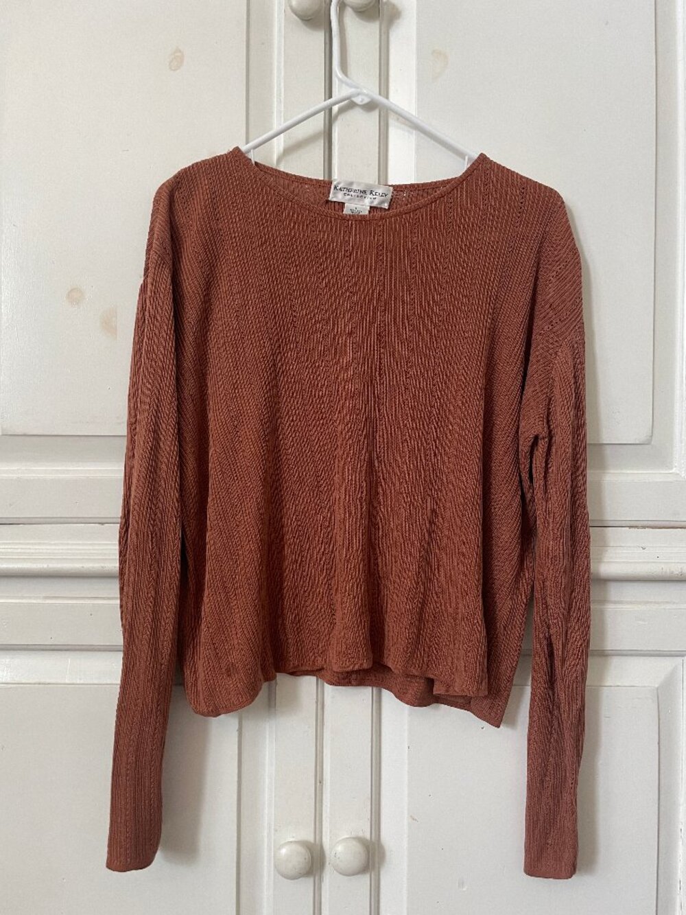Katherine Kelly collection silk long sleeve crochet burnt orange sweater size L